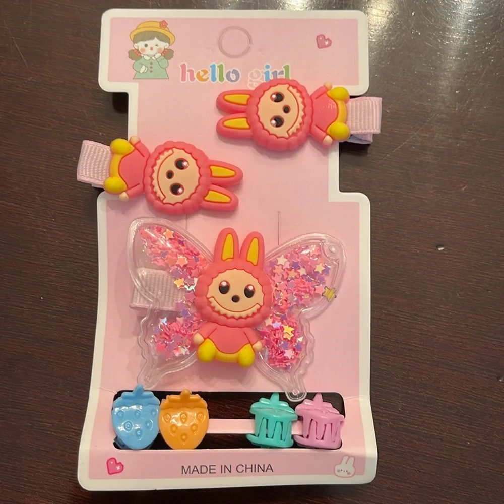 Pink cartoon labubu monsters Hair Clips Set for Kids